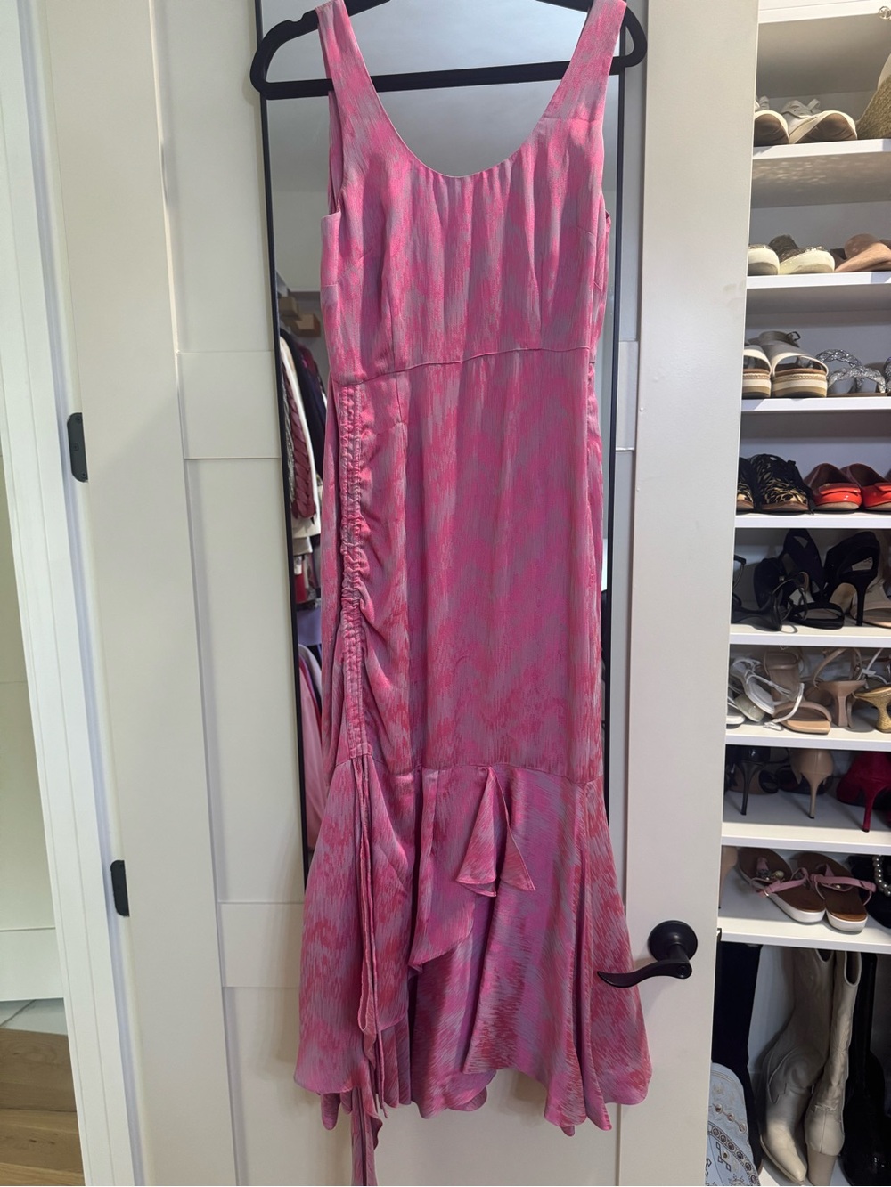 Anthropologie Pink Patterned Sleeveless Ruffle-Hem Maxi Dress